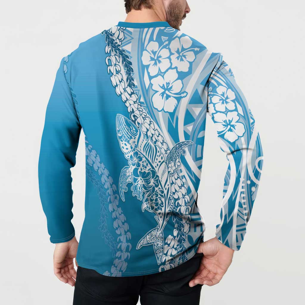Hawaii Puakenikeni And Maile Lei Button Sweatshirt Blue Polynesian Shark Tattoo DT05 - Polynesian Pride