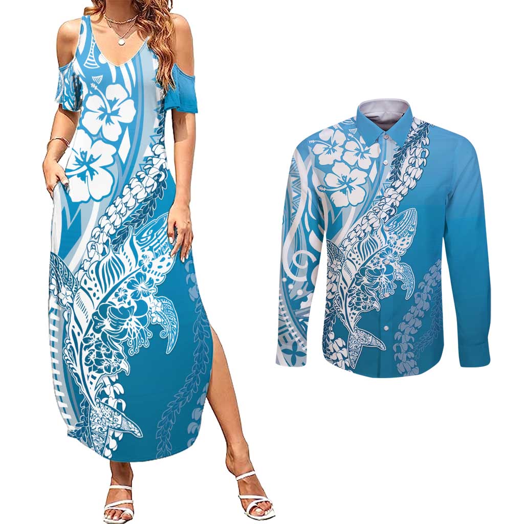 Hawaii Puakenikeni And Maile Lei Couples Matching Summer Maxi Dress and Long Sleeve Button Shirt Blue Polynesian Shark Tattoo DT05 Blue - Polynesian Pride