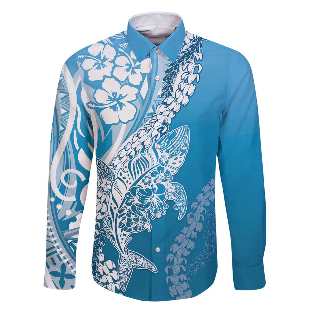 Hawaii Puakenikeni And Maile Lei Family Matching Off Shoulder Short Dress and Hawaiian Shirt Blue Polynesian Shark Tattoo DT05