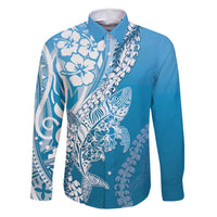 Hawaii Puakenikeni And Maile Lei Family Matching Off Shoulder Short Dress and Hawaiian Shirt Blue Polynesian Shark Tattoo DT05