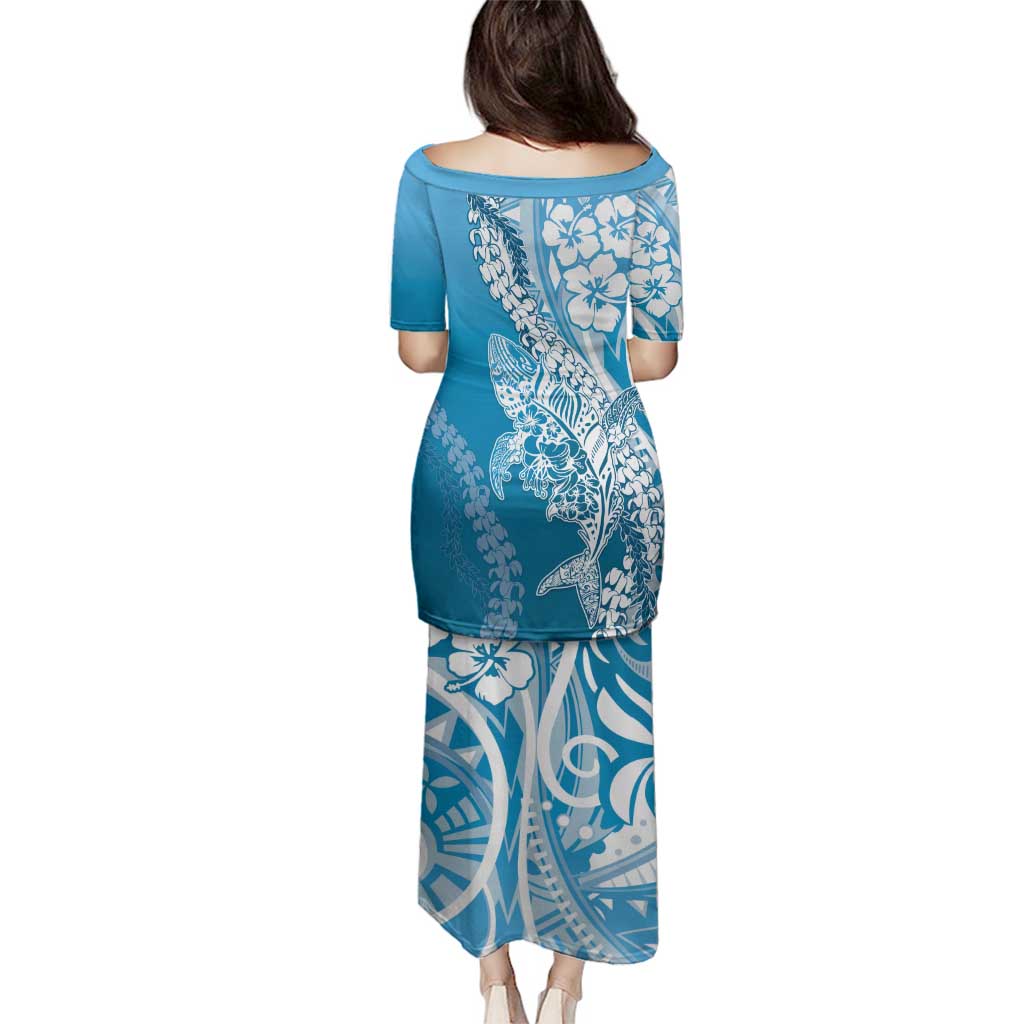 Hawaii Puakenikeni And Maile Lei Family Matching Puletasi and Hawaiian Shirt Blue Polynesian Shark Tattoo DT05