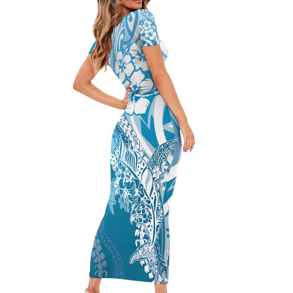 Hawaii Puakenikeni And Maile Lei Family Matching Short Sleeve Bodycon Dress and Hawaiian Shirt Blue Polynesian Shark Tattoo DT05
