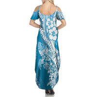 Hawaii Puakenikeni And Maile Lei Family Matching Summer Maxi Dress and Hawaiian Shirt Blue Polynesian Shark Tattoo DT05