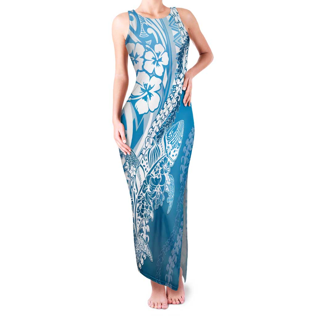 Hawaii Puakenikeni And Maile Lei Family Matching Tank Maxi Dress and Hawaiian Shirt Blue Polynesian Shark Tattoo DT05