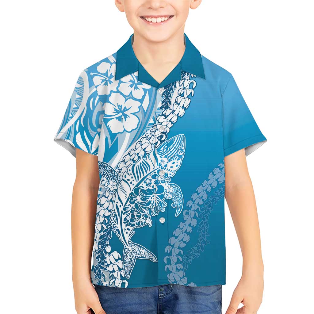 Hawaii Puakenikeni And Maile Lei Kid Hawaiian Shirt Blue Polynesian Shark Tattoo DT05