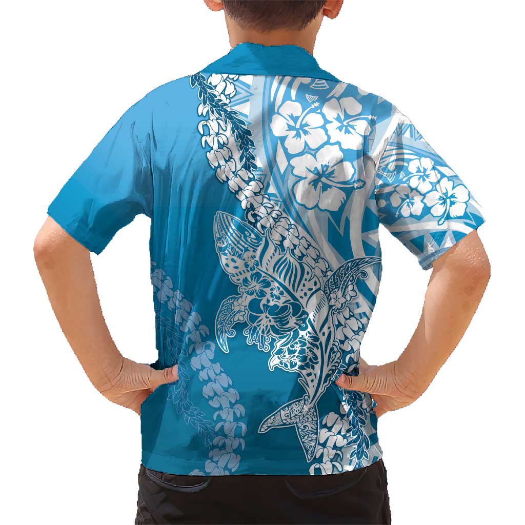 Hawaii Puakenikeni And Maile Lei Kid Hawaiian Shirt Blue Polynesian Shark Tattoo DT05