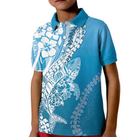 Hawaii Puakenikeni And Maile Lei Kid Polo Shirt Blue Polynesian Shark Tattoo DT05
