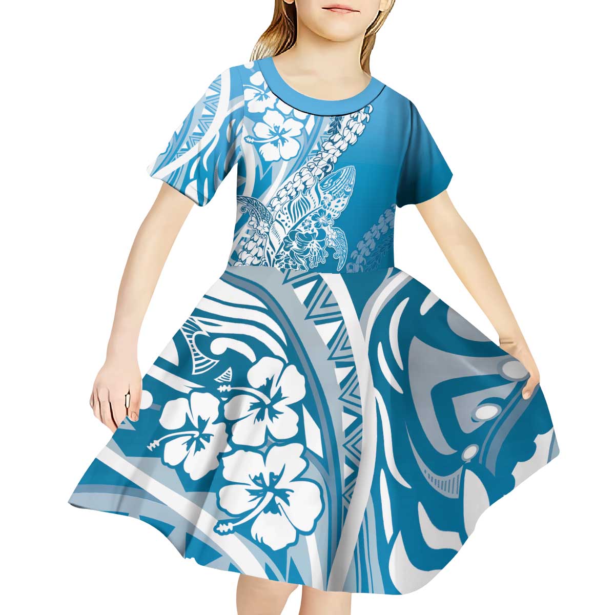 Hawaii Puakenikeni And Maile Lei Kid Short Sleeve Dress Blue Polynesian Shark Tattoo DT05