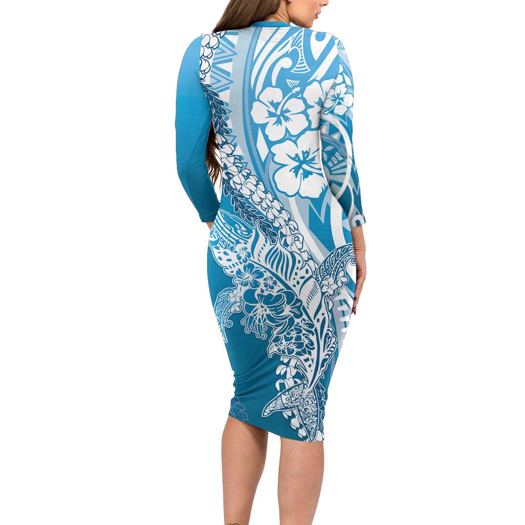 Hawaii Puakenikeni And Maile Lei Long Sleeve Bodycon Dress Blue Polynesian Shark Tattoo DT05