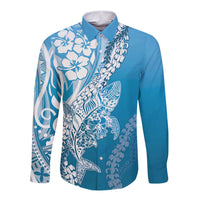 Hawaii Puakenikeni And Maile Lei Long Sleeve Button Shirt Blue Polynesian Shark Tattoo DT05 Unisex Blue - Polynesian Pride