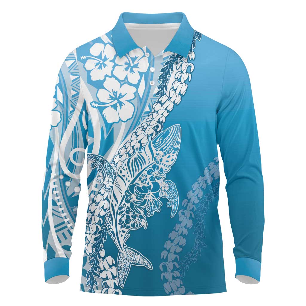 Hawaii Puakenikeni And Maile Lei Long Sleeve Polo Shirt Blue Polynesian Shark Tattoo DT05