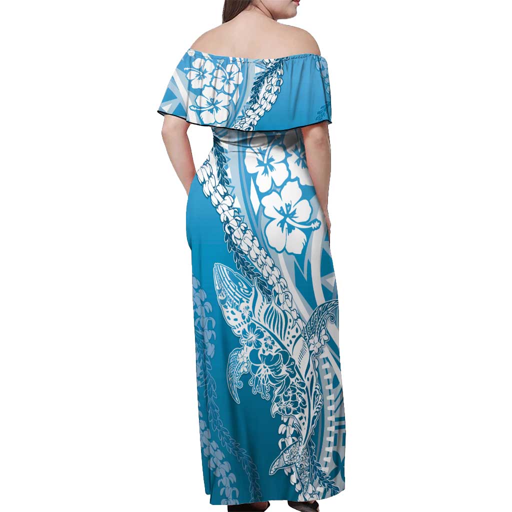 Hawaii Puakenikeni And Maile Lei Off Shoulder Maxi Dress Blue Polynesian Shark Tattoo DT05