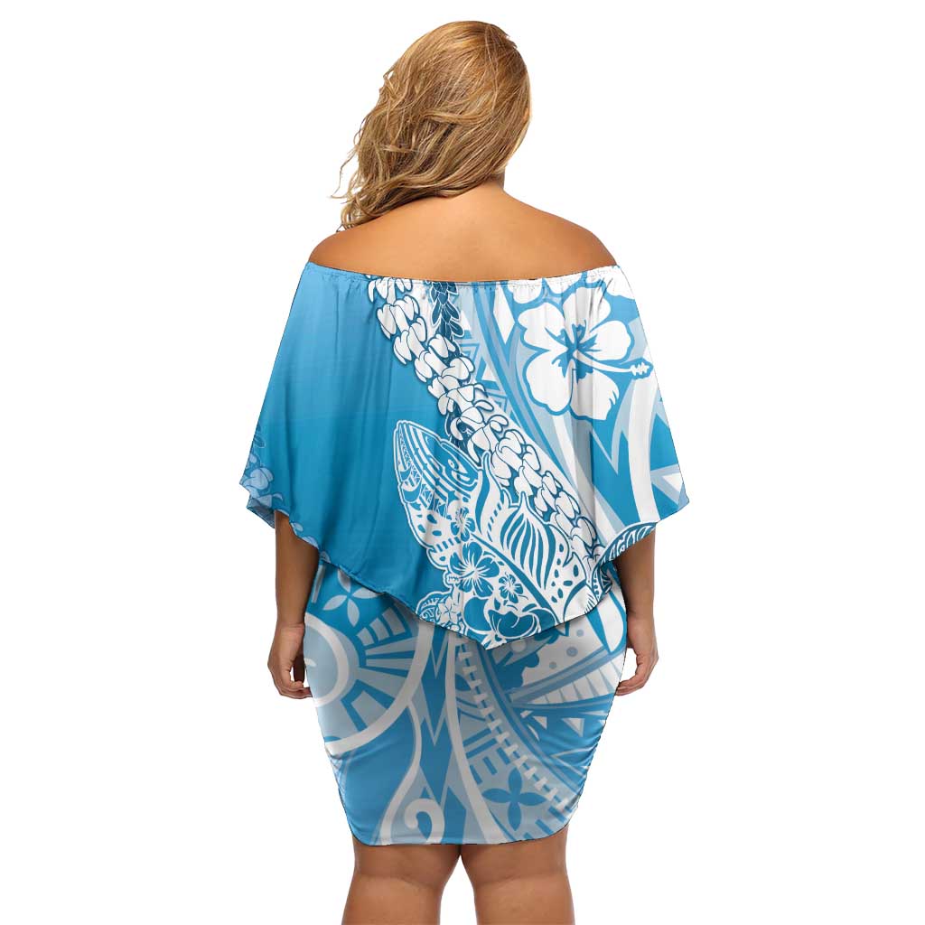 Hawaii Puakenikeni And Maile Lei Off Shoulder Short Dress Blue Polynesian Shark Tattoo DT05
