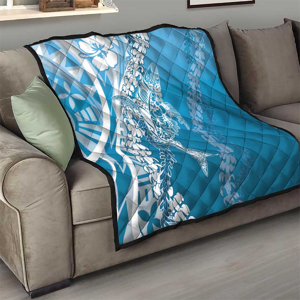 Hawaii Puakenikeni And Maile Lei Quilt Blue Polynesian Shark Tattoo DT05