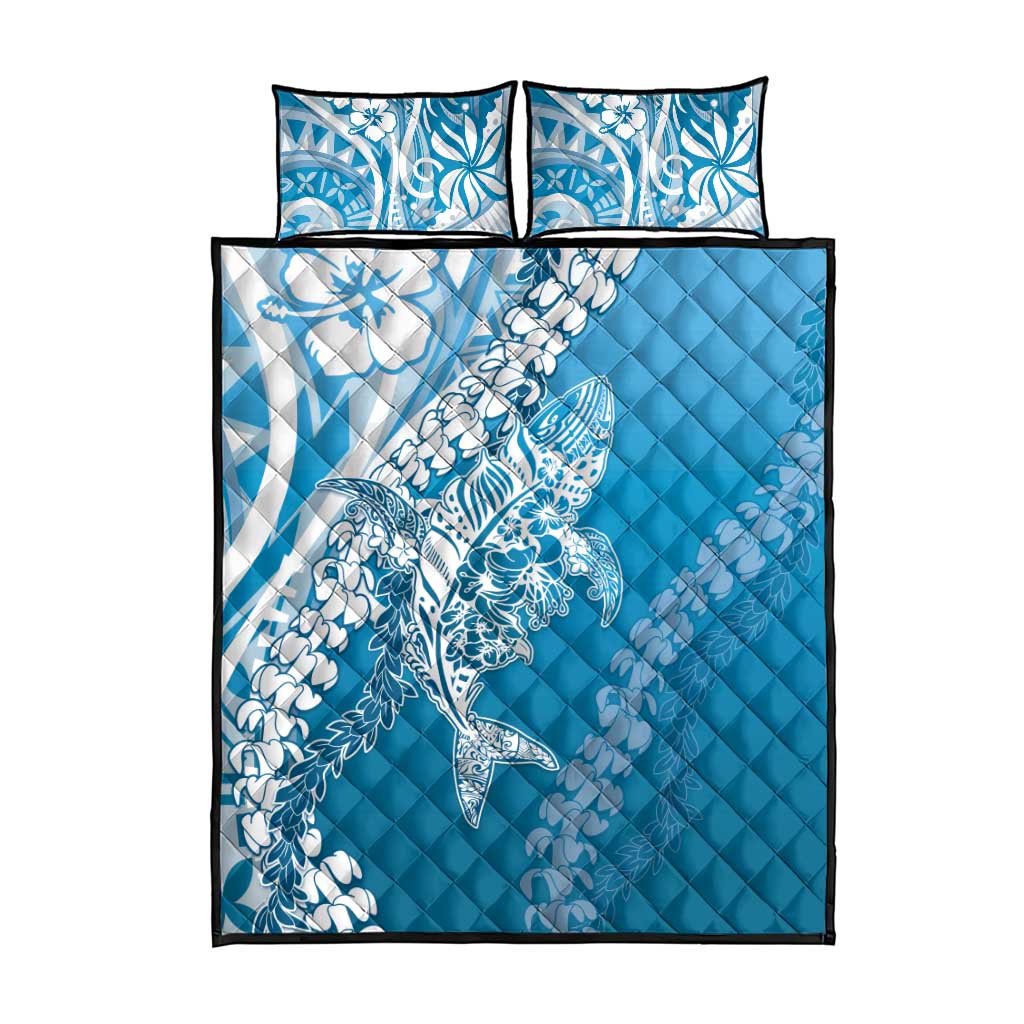 Hawaii Puakenikeni And Maile Lei Quilt Bed Set Blue Polynesian Shark Tattoo DT05