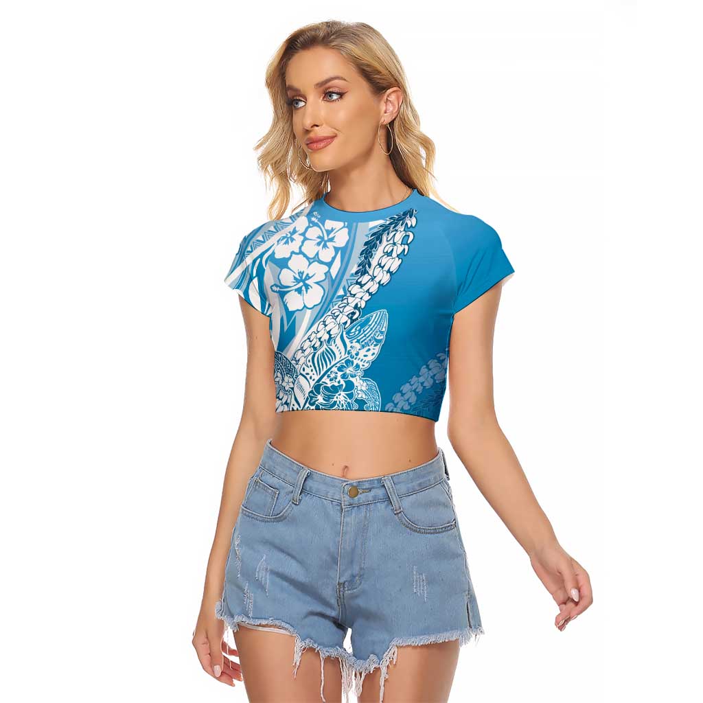 Hawaii Puakenikeni And Maile Lei Raglan Cropped T Shirt Blue Polynesian Shark Tattoo DT05