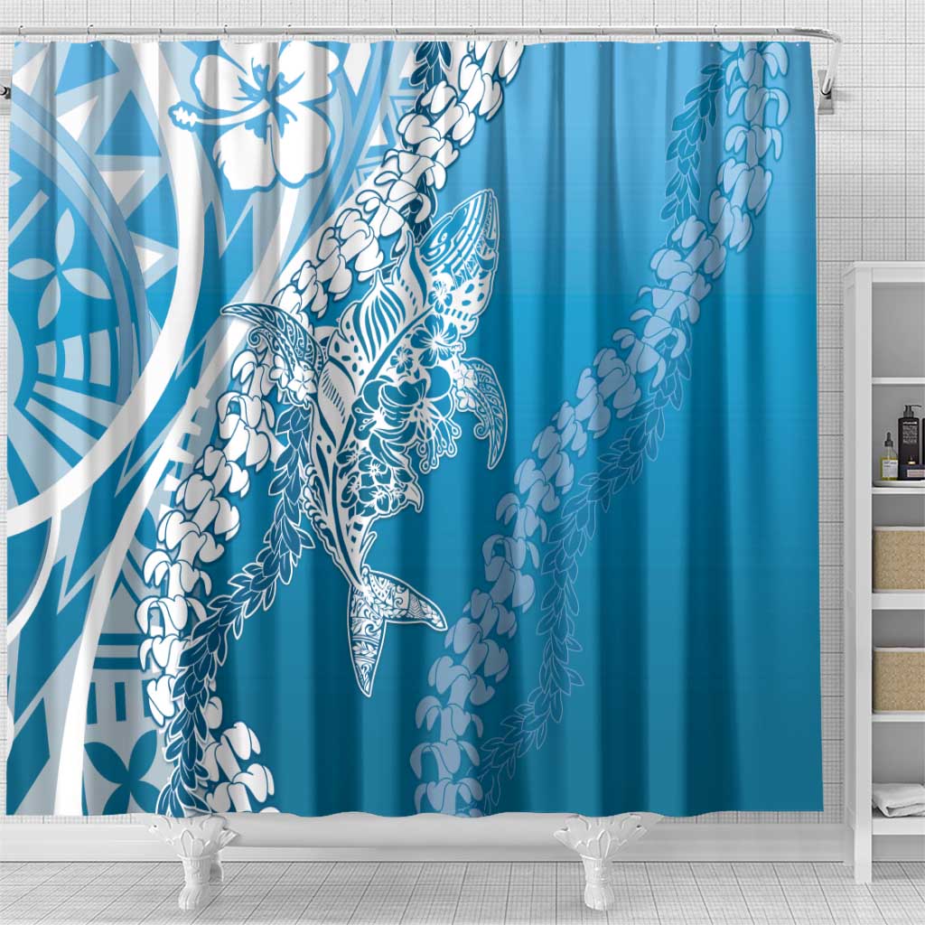 Hawaii Puakenikeni And Maile Lei Shower Curtain Blue Polynesian Shark Tattoo DT05