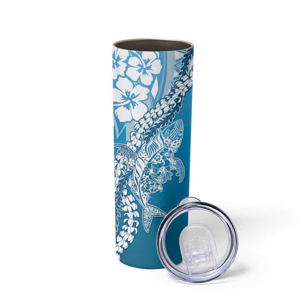 Hawaii Puakenikeni And Maile Lei Skinny Tumbler Blue Polynesian Shark Tattoo DT05