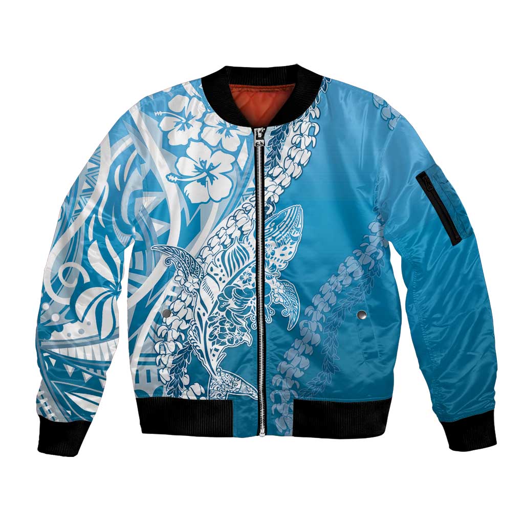 Hawaii Puakenikeni And Maile Lei Sleeve Zip Bomber Jacket Blue Polynesian Shark Tattoo DT05