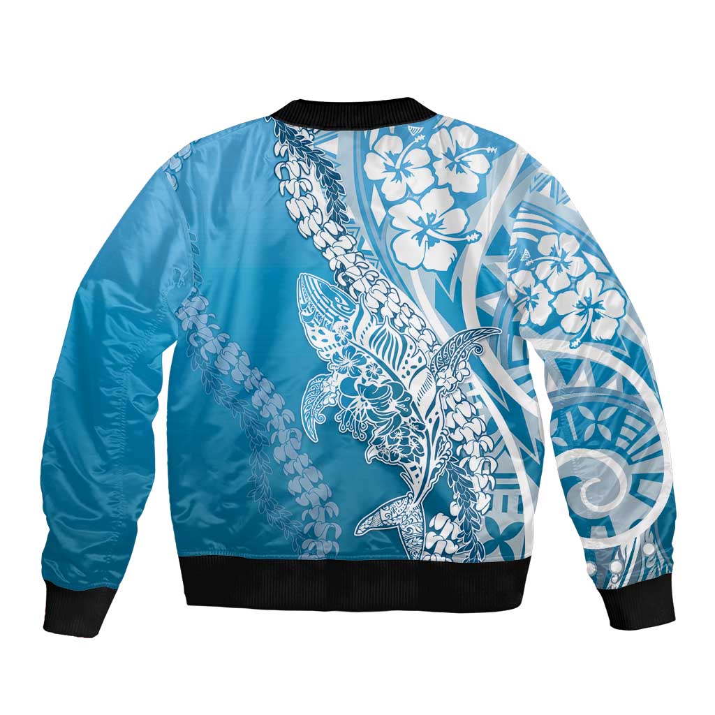 Hawaii Puakenikeni And Maile Lei Sleeve Zip Bomber Jacket Blue Polynesian Shark Tattoo DT05