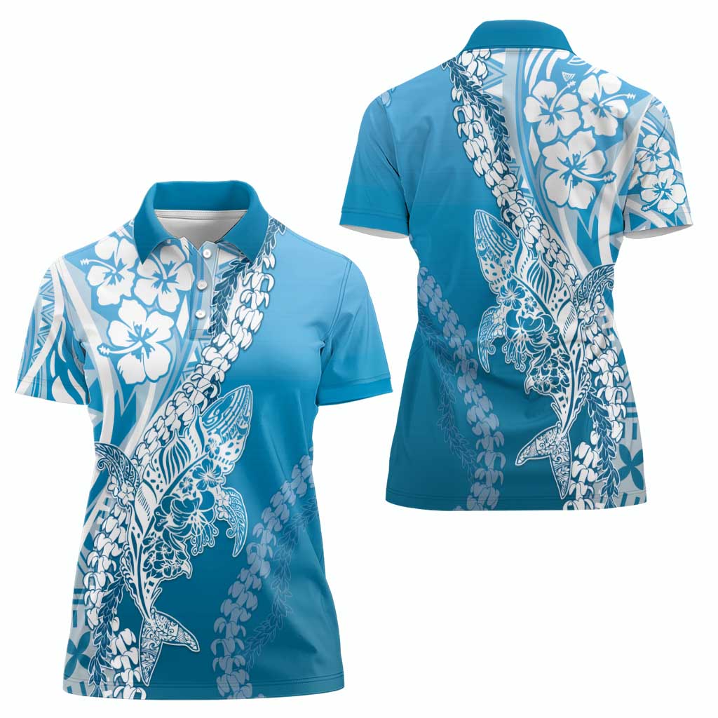 Hawaii Puakenikeni And Maile Lei Women Polo Shirt Blue Polynesian Shark Tattoo DT05