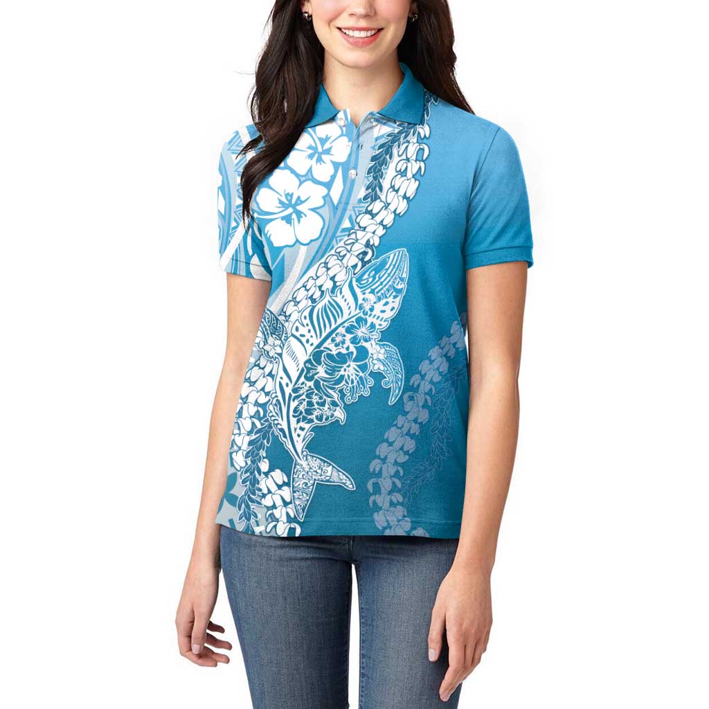 Hawaii Puakenikeni And Maile Lei Women Polo Shirt Blue Polynesian Shark Tattoo DT05