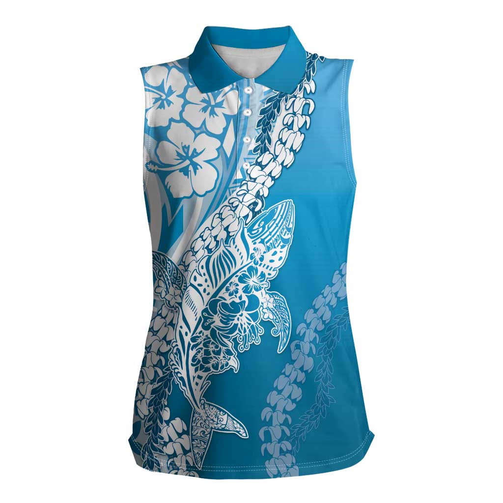 Hawaii Puakenikeni And Maile Lei Women Sleeveless Polo Shirt Blue Polynesian Shark Tattoo DT05