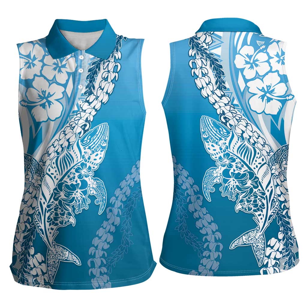 Hawaii Puakenikeni And Maile Lei Women Sleeveless Polo Shirt Blue Polynesian Shark Tattoo DT05