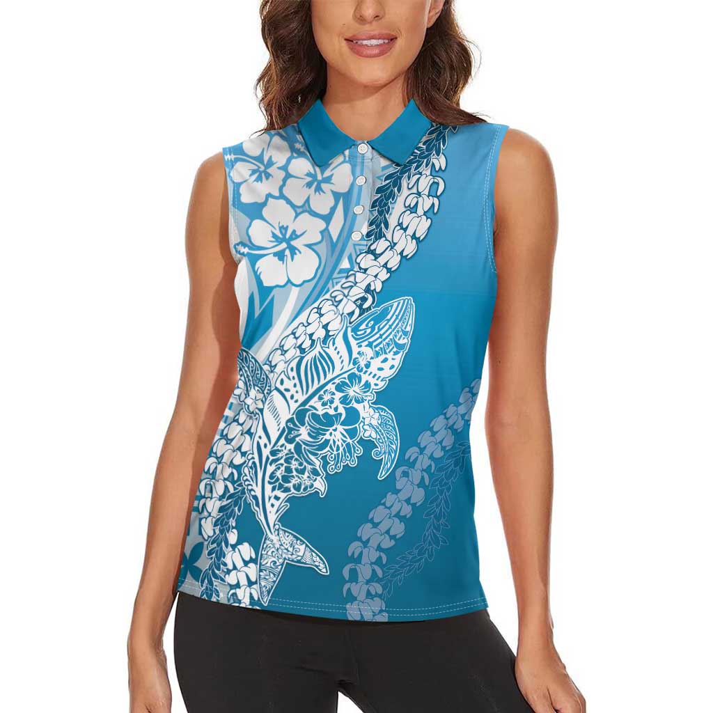 Hawaii Puakenikeni And Maile Lei Women Sleeveless Polo Shirt Blue Polynesian Shark Tattoo DT05
