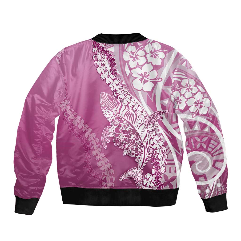 Hawaii Puakenikeni And Maile Lei Bomber Jacket Pink Polynesian Shark Tattoo DT05