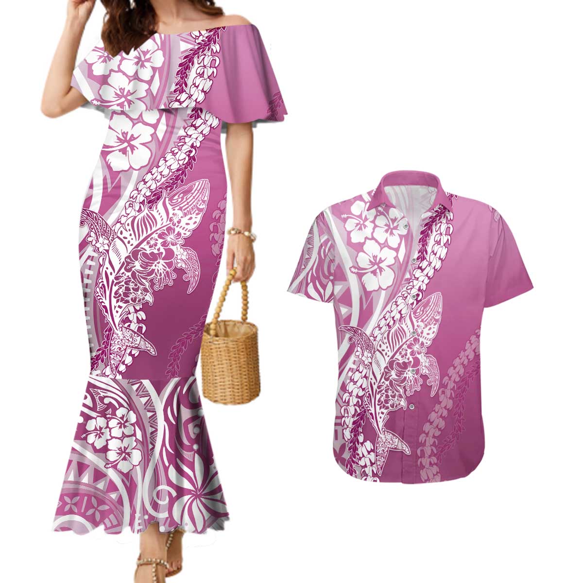 Hawaii Puakenikeni And Maile Lei Couples Matching Mermaid Dress and Hawaiian Shirt Pink Polynesian Shark Tattoo DT05