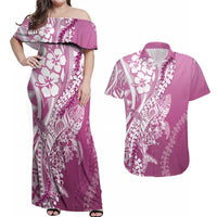 Hawaii Puakenikeni And Maile Lei Couples Matching Off Shoulder Maxi Dress and Hawaiian Shirt Pink Polynesian Shark Tattoo DT05