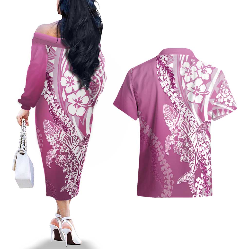 Hawaii Puakenikeni And Maile Lei Couples Matching Off The Shoulder Long Sleeve Dress and Hawaiian Shirt Pink Polynesian Shark Tattoo DT05