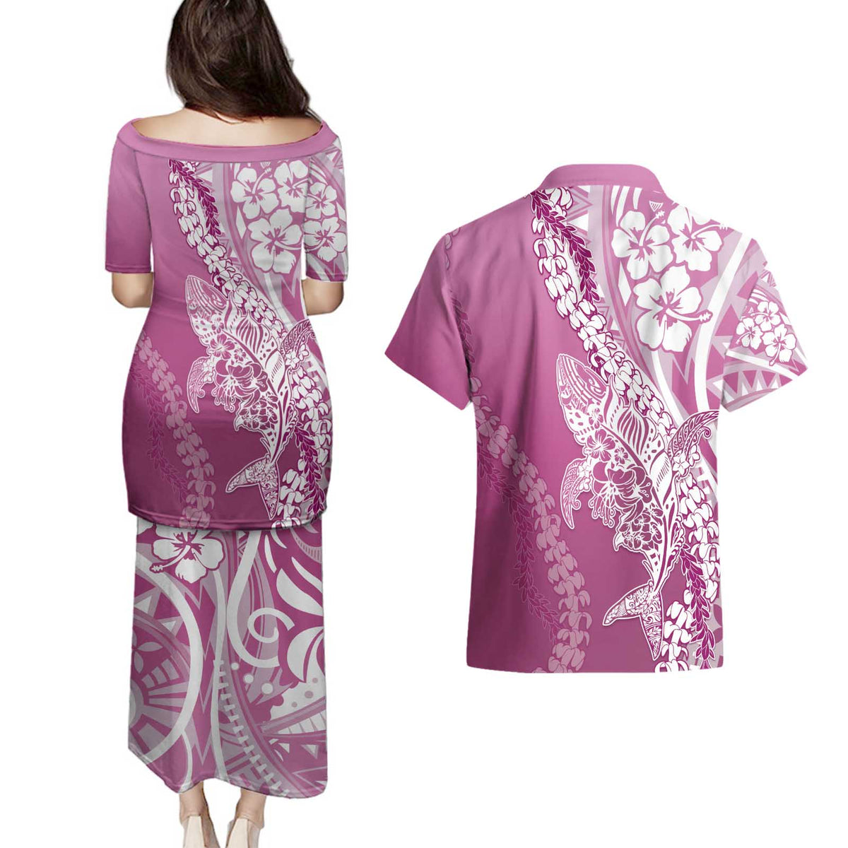 Hawaii Puakenikeni And Maile Lei Couples Matching Puletasi and Hawaiian Shirt Pink Polynesian Shark Tattoo DT05