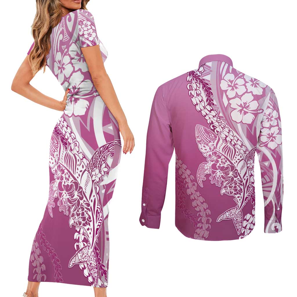 Hawaii Puakenikeni And Maile Lei Couples Matching Short Sleeve Bodycon Dress and Long Sleeve Button Shirt Pink Polynesian Shark Tattoo DT05