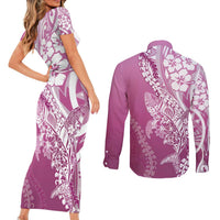 Hawaii Puakenikeni And Maile Lei Couples Matching Short Sleeve Bodycon Dress and Long Sleeve Button Shirt Pink Polynesian Shark Tattoo DT05