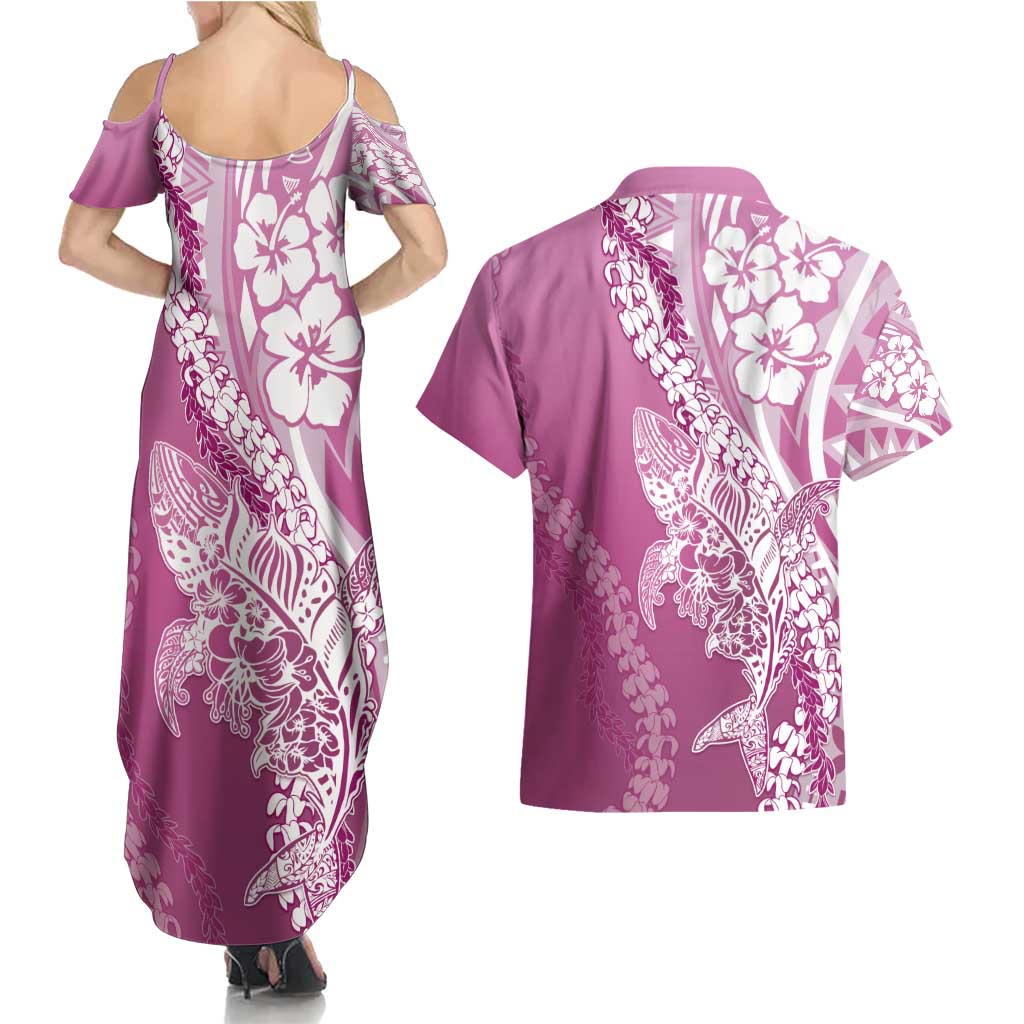 Hawaii Puakenikeni And Maile Lei Couples Matching Summer Maxi Dress and Hawaiian Shirt Pink Polynesian Shark Tattoo DT05