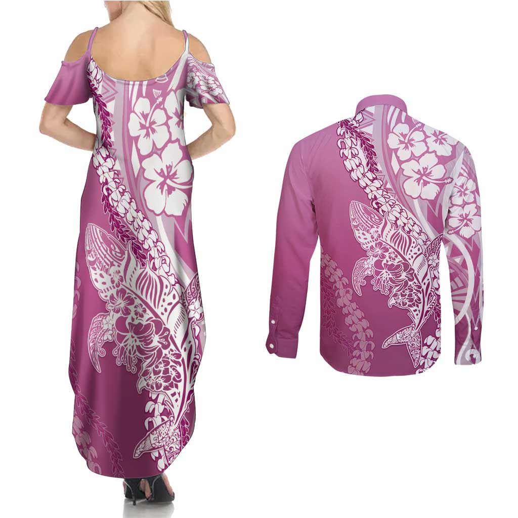 Hawaii Puakenikeni And Maile Lei Couples Matching Summer Maxi Dress and Long Sleeve Button Shirt Pink Polynesian Shark Tattoo DT05