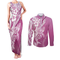 Hawaii Puakenikeni And Maile Lei Couples Matching Tank Maxi Dress and Long Sleeve Button Shirt Pink Polynesian Shark Tattoo DT05
