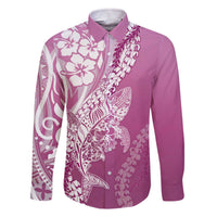 Hawaii Puakenikeni And Maile Lei Family Matching Off The Shoulder Long Sleeve Dress and Hawaiian Shirt Pink Polynesian Shark Tattoo DT05
