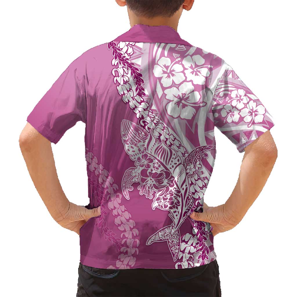 Hawaii Puakenikeni And Maile Lei Family Matching Off Shoulder Short Dress and Hawaiian Shirt Pink Polynesian Shark Tattoo DT05