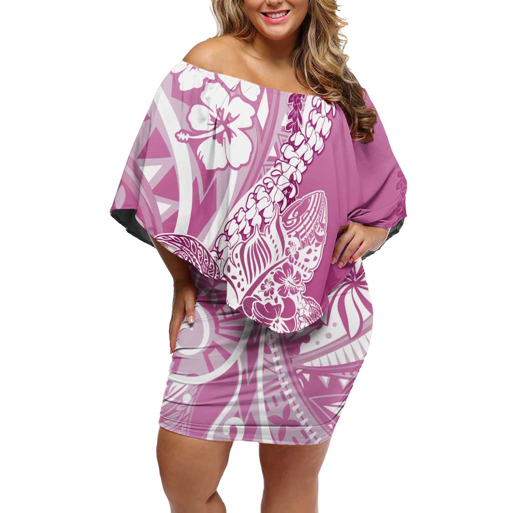 Hawaii Puakenikeni And Maile Lei Family Matching Off Shoulder Short Dress and Hawaiian Shirt Pink Polynesian Shark Tattoo DT05