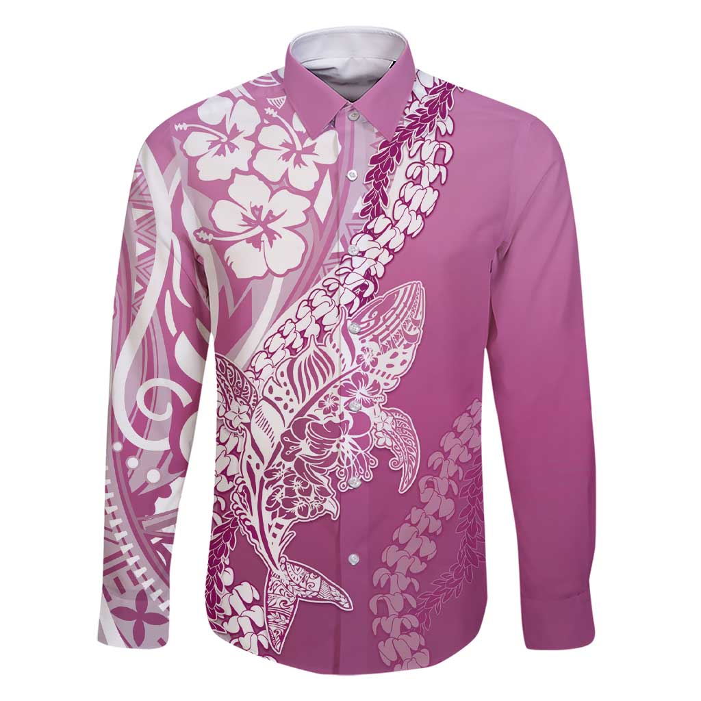 Hawaii Puakenikeni And Maile Lei Family Matching Short Sleeve Bodycon Dress and Hawaiian Shirt Pink Polynesian Shark Tattoo DT05