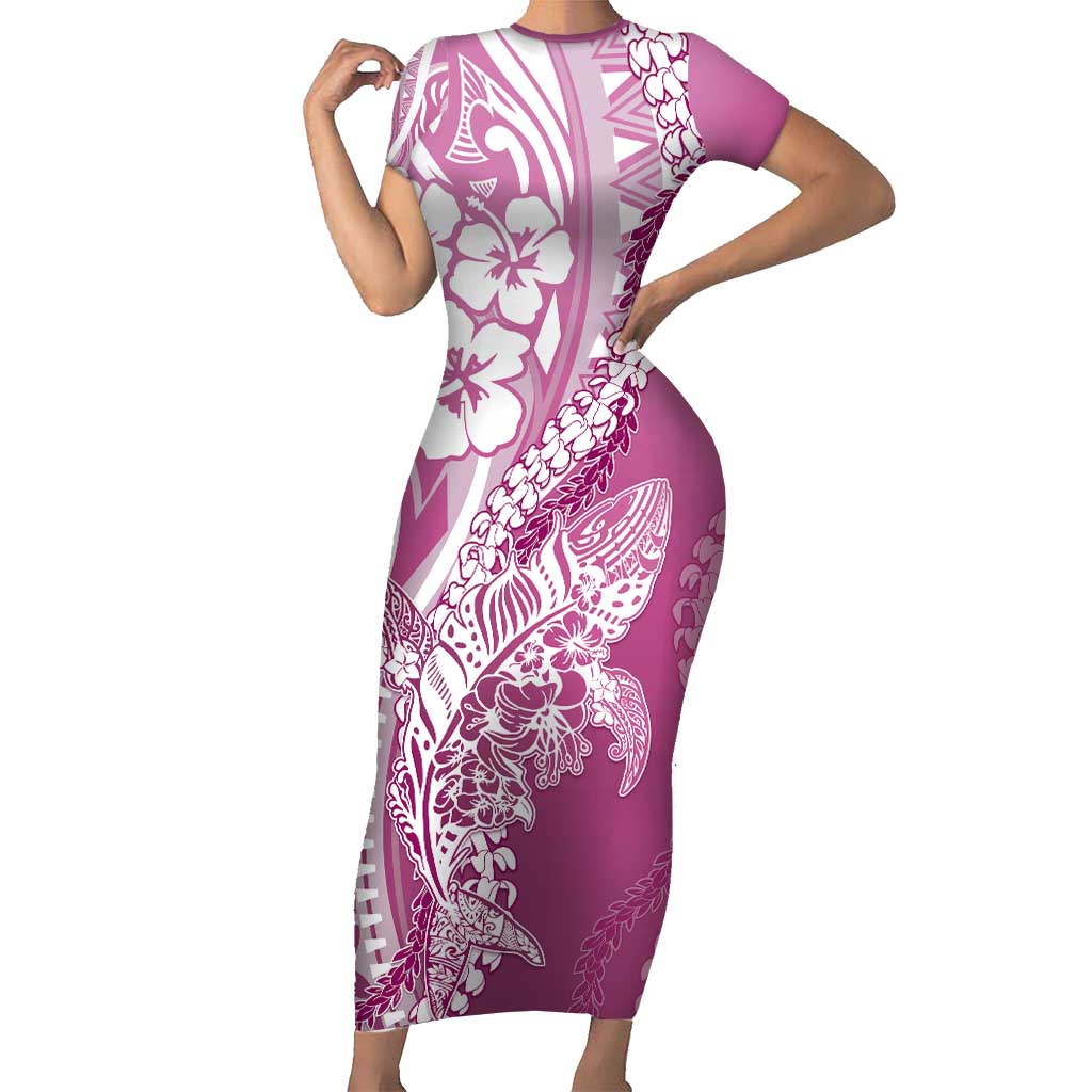 Hawaii Puakenikeni And Maile Lei Family Matching Short Sleeve Bodycon Dress and Hawaiian Shirt Pink Polynesian Shark Tattoo DT05