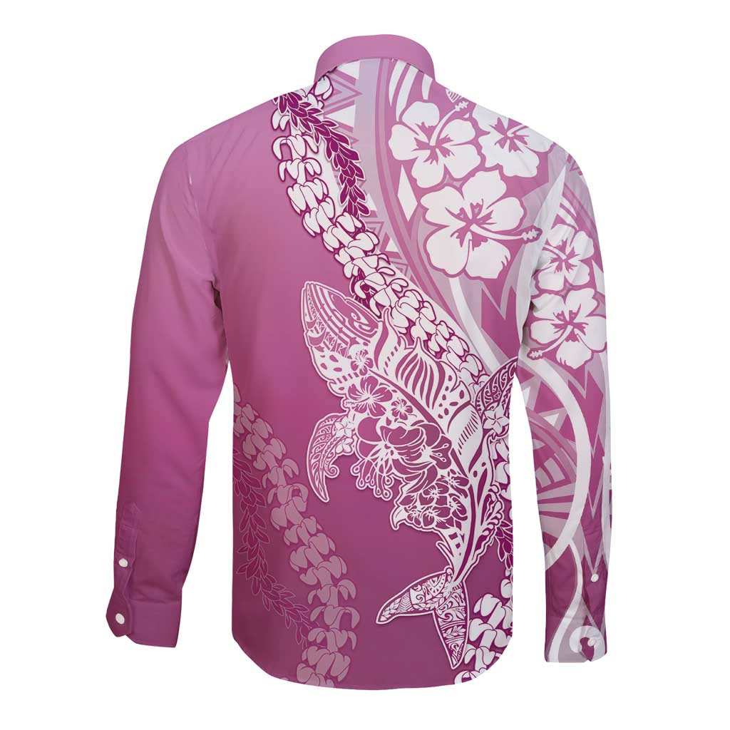 Hawaii Puakenikeni And Maile Lei Long Sleeve Button Shirt Pink Polynesian Shark Tattoo DT05 - Polynesian Pride