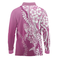 Hawaii Puakenikeni And Maile Lei Long Sleeve Polo Shirt Pink Polynesian Shark Tattoo DT05