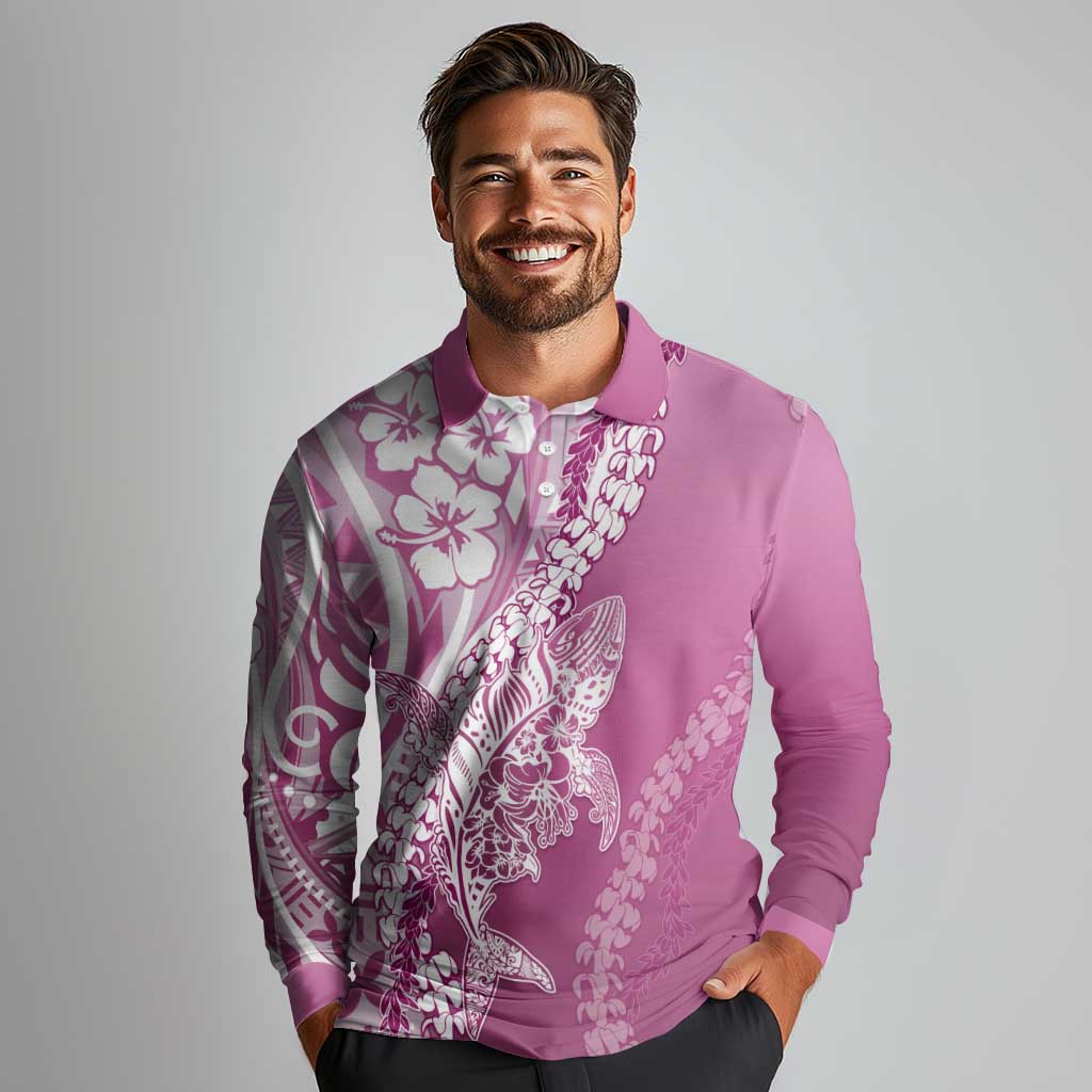 Hawaii Puakenikeni And Maile Lei Long Sleeve Polo Shirt Pink Polynesian Shark Tattoo DT05