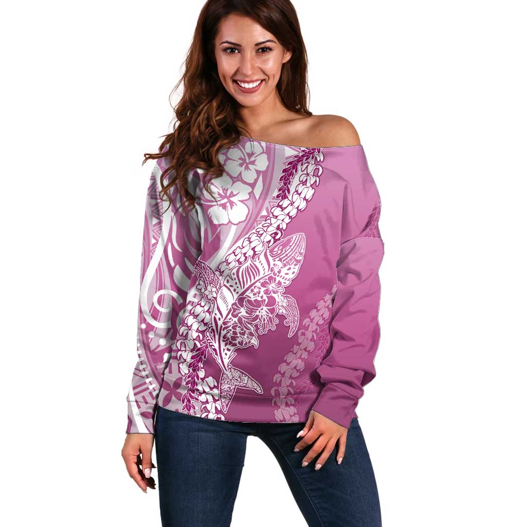Hawaii Puakenikeni And Maile Lei Off Shoulder Sweater Pink Polynesian Shark Tattoo DT05