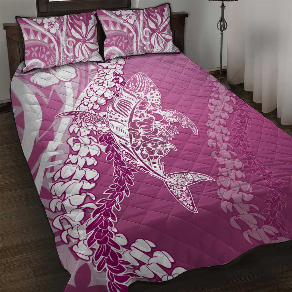 Hawaii Puakenikeni And Maile Lei Quilt Bed Set Pink Polynesian Shark Tattoo DT05