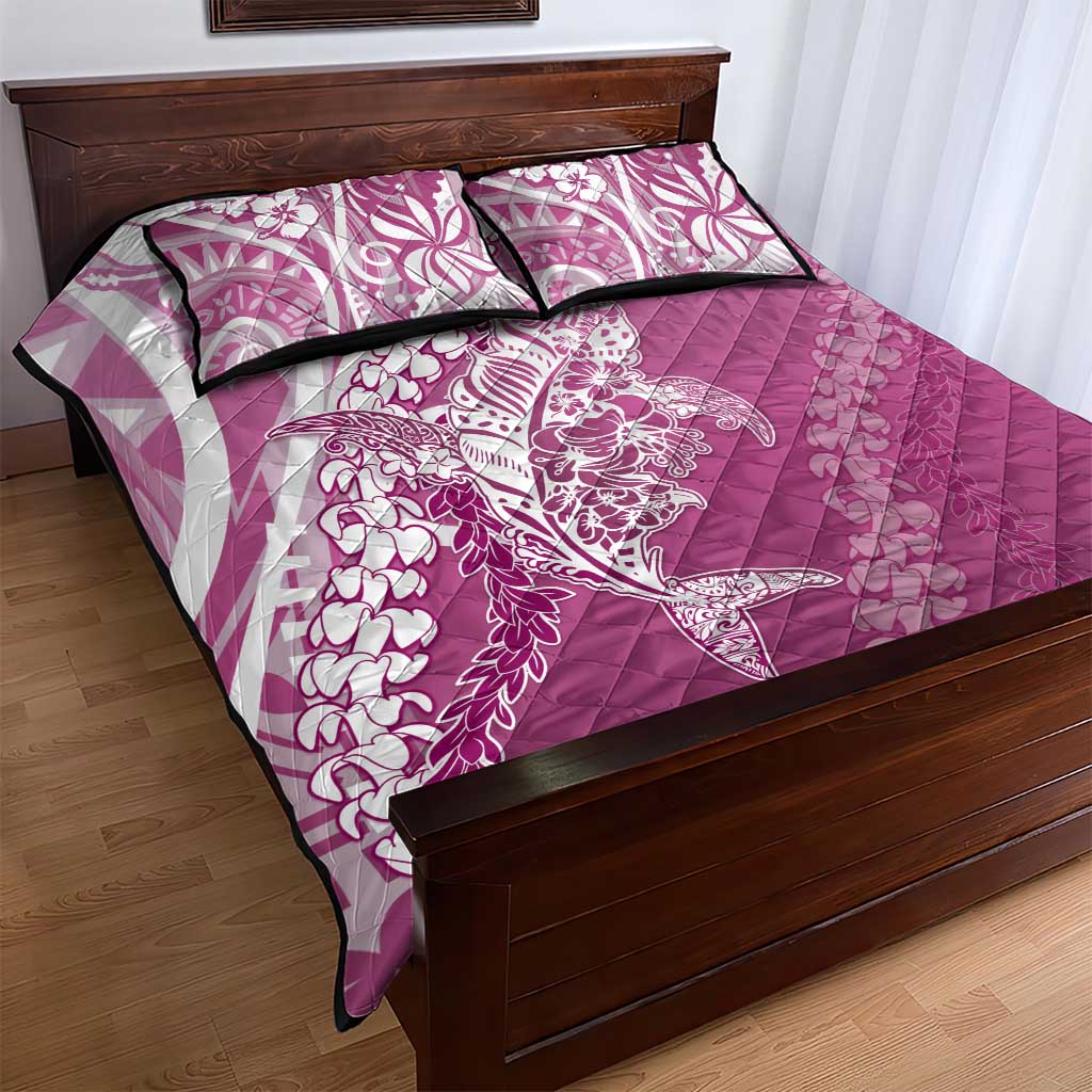 Hawaii Puakenikeni And Maile Lei Quilt Bed Set Pink Polynesian Shark Tattoo DT05